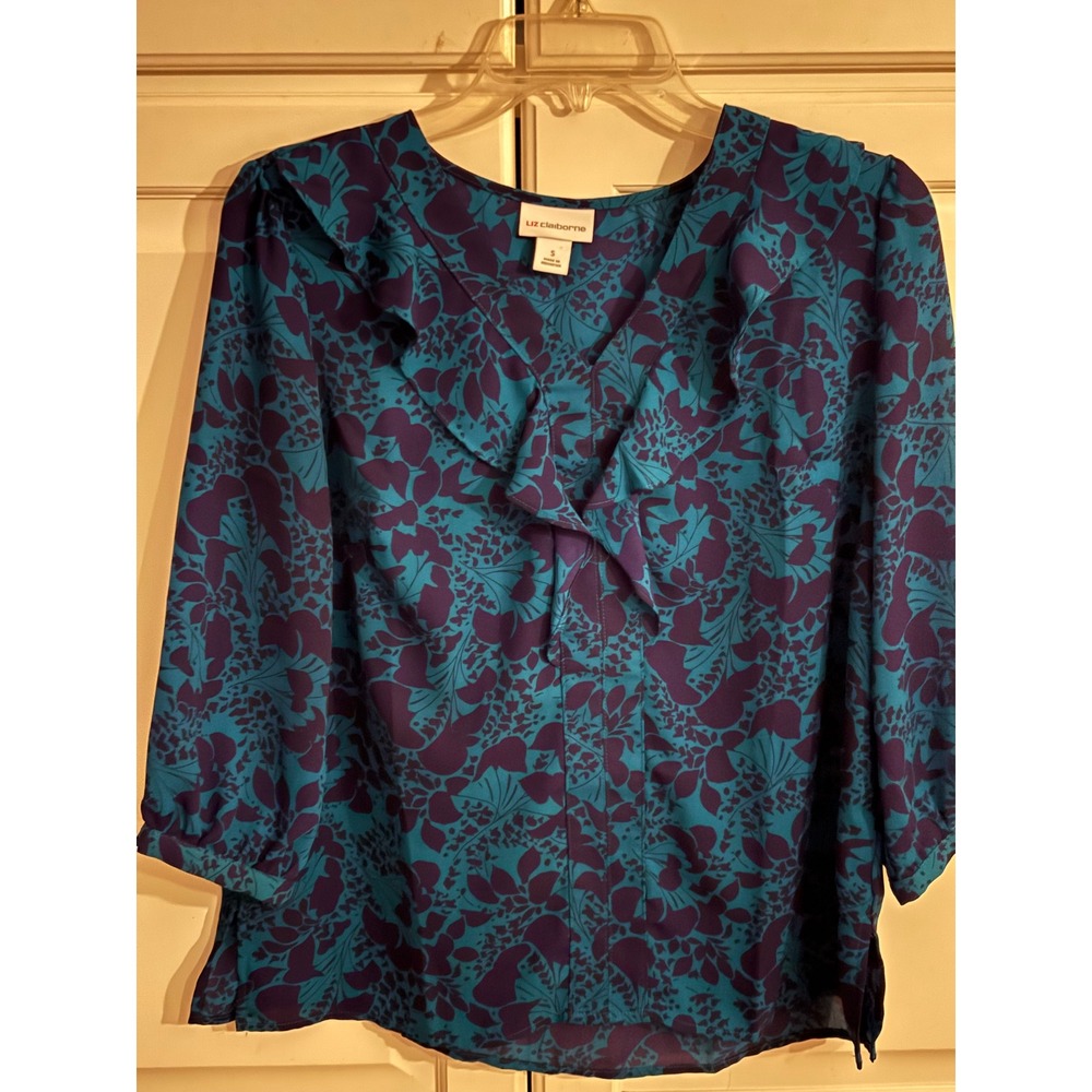 Liz Claiborne Womens Teal Navy Blue Floral Ruffle V-Neck 3/4 Sleeve Blouse Small